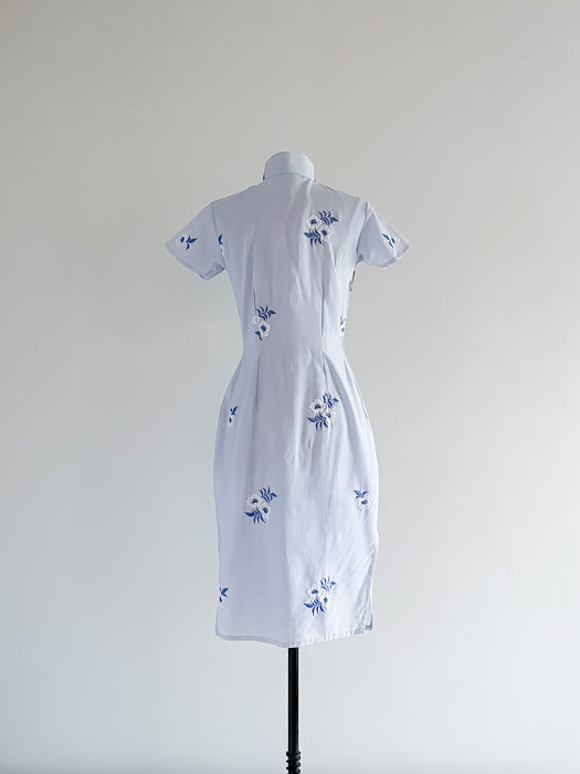 Gorgeous 1960's Cheongsam Style Baby Blue Cotton Day Dress / Sz S