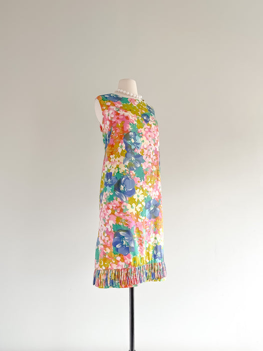 Sweet 1960's Floral Watercolor Sleeveless Shift Dress / Sz L
