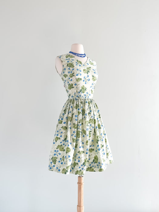 Gorgeous 1950's Vintage Green & Blue Rose Printed Sundress / Sz S