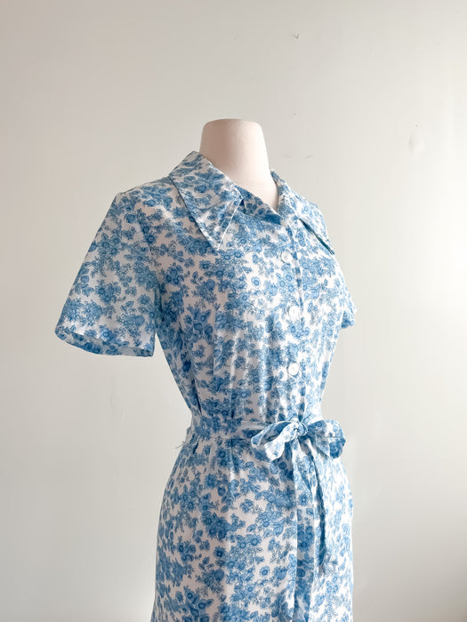Sweet 1960's Blue & White Etoile Print Day Dress by Harrods / Sz M