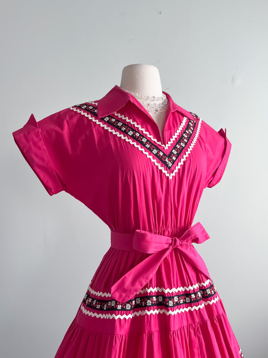 Adorable 1950's Fuchsia Patio Dress by Gail Whitney / Medium