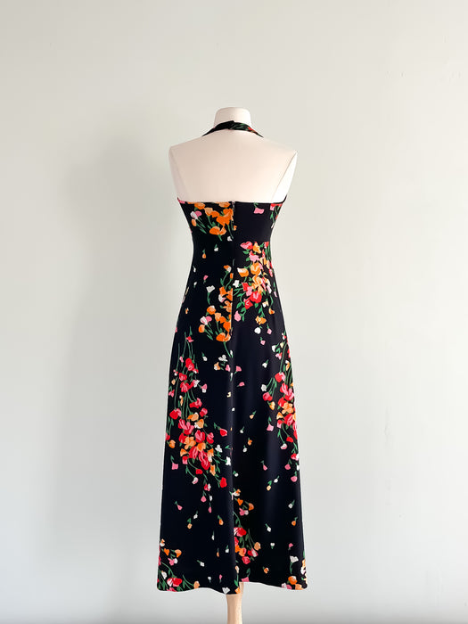 Darling 1970's Black Floral Halter Dress / Sz XS
