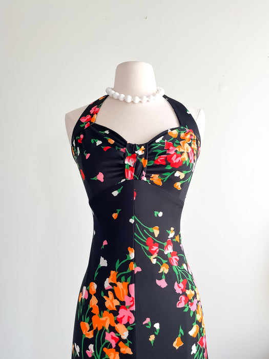 Darling 1970's Black Floral Halter Dress / Sz XS