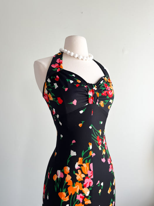 Darling 1970's Black Floral Halter Dress / Sz XS