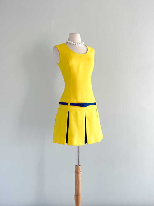 Fabulous Mod 1960's Fred Rothechild Canary Yellow Navy Mini Dress / Sz M