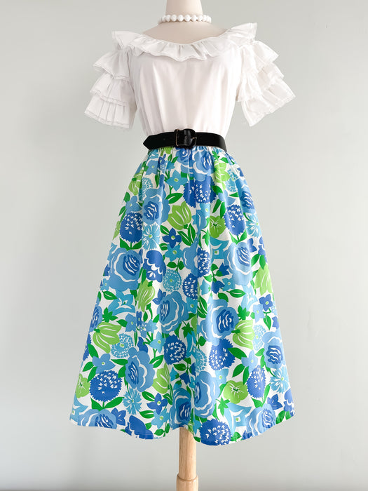 Nostalgic Seawave Blue & Green 1970's Floral Skirt / Sz M