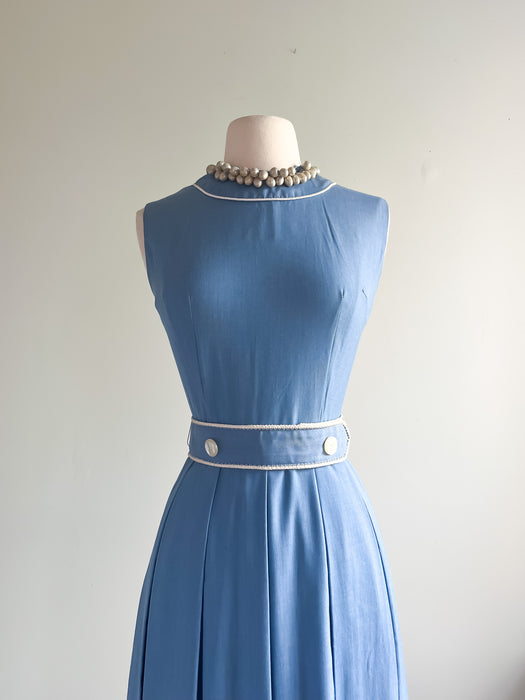 Cutest 1960's Chambray Blue Sleeveless Cotton Day Dress / Sz S