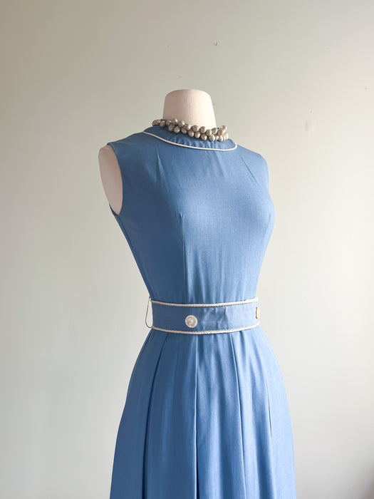 Cutest 1960's Chambray Blue Sleeveless Cotton Day Dress / Sz S