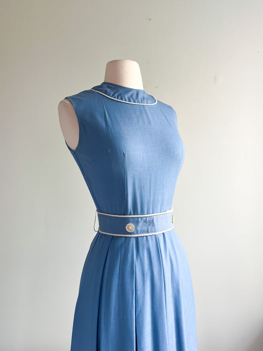 Cutest 1960's Chambray Blue Sleeveless Cotton Day Dress / Sz S
