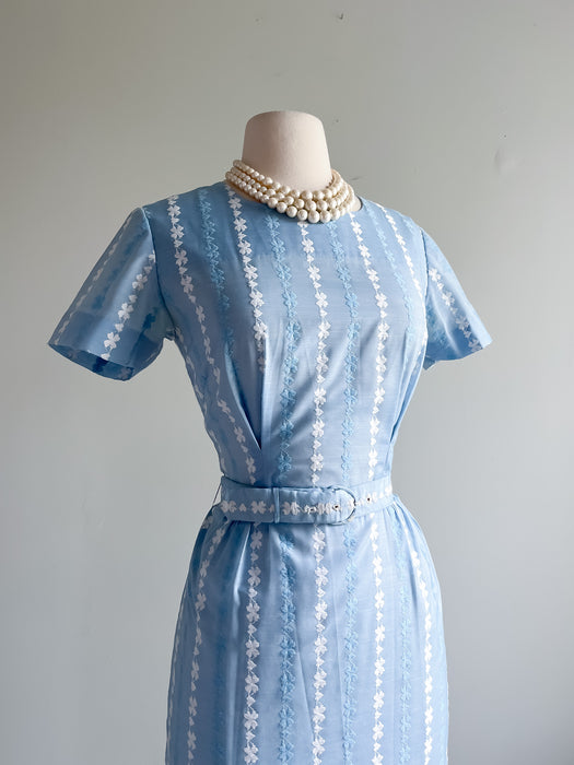 1960's Baby Blue Cotton Floral Embroidered Dress / Sz M