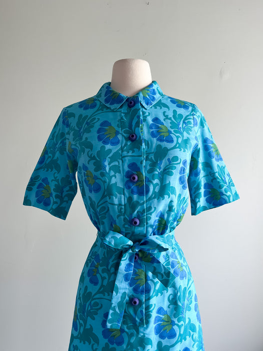 Stunning 1960's Silk Blue Floral Shirt Dress / Sz M