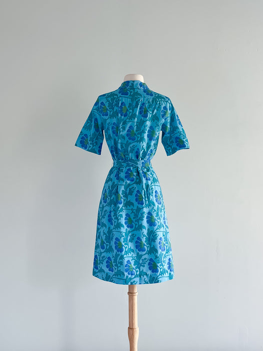 Stunning 1960's Silk Blue Floral Shirt Dress / Sz M