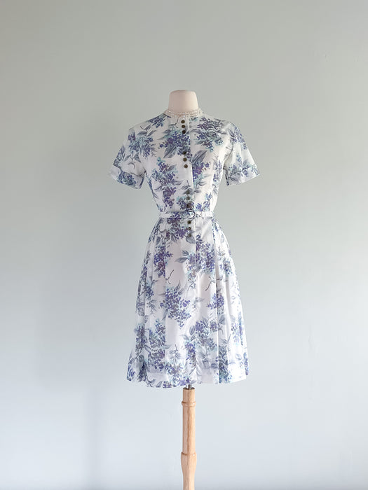 Dreamy 1960's Lilac Floral Printed Spring Day Dress / Sz S/M
