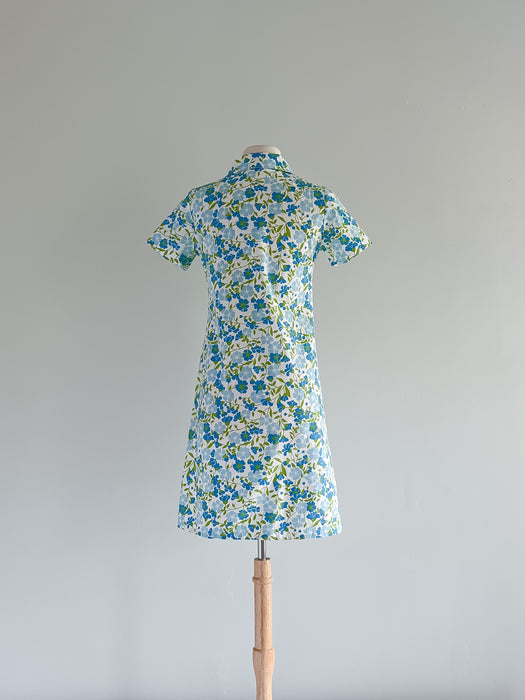 Adorable 1960's Blue & Green Floral MOD Shift Dress / Sz M