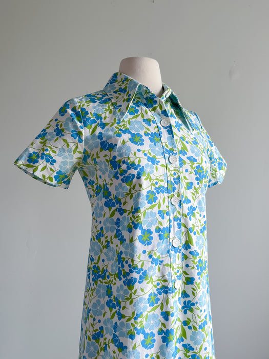 Adorable 1960's Blue & Green Floral MOD Shift Dress / Sz M