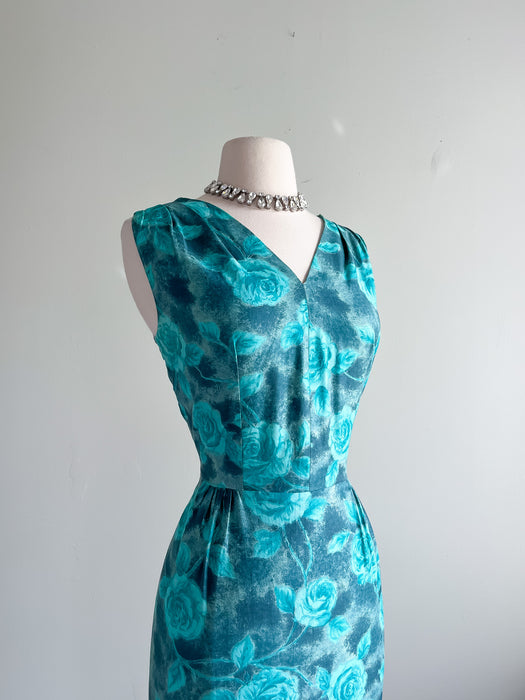 Gorgeous 1950's Teal Rose Printed Cocktail Dress/ Sz L