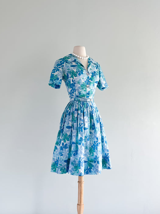 Adorable 1950's Floral Island Print Shirt Dress / Sz SM