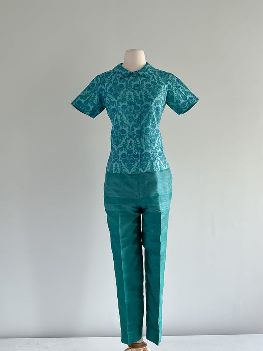 Stunning 1960's Thai Silk Peacock Green and Blue Shirt and Pant Set  / Sz XS