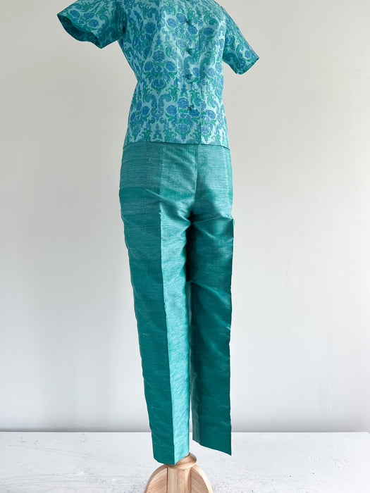 Stunning 1960's Thai Silk Peacock Green and Blue Shirt and Pant Set  / Sz XS
