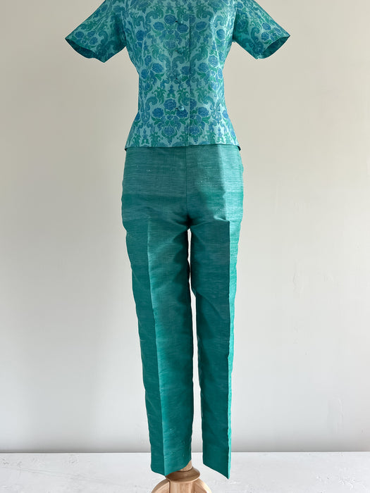 Stunning 1960's Thai Silk Peacock Green and Blue Shirt and Pant Set  / Sz XS