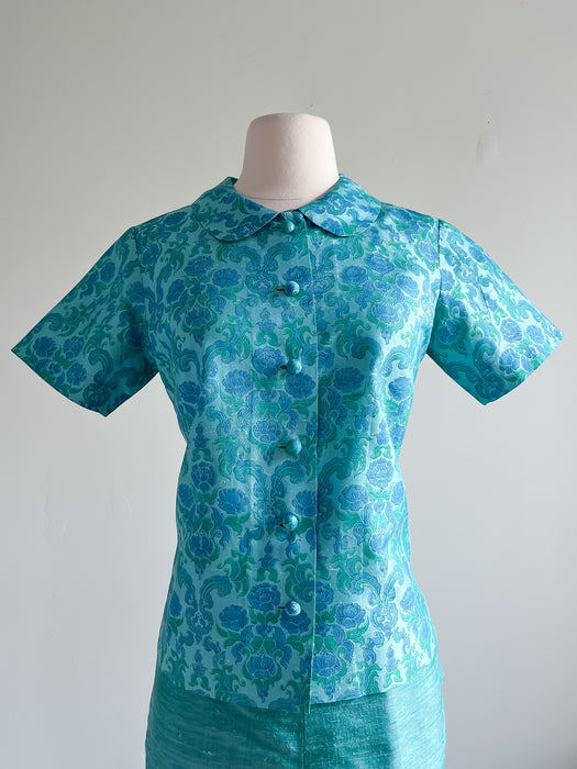 Stunning 1960's Thai Silk Peacock Green and Blue Shirt and Pant Set  / Sz XS