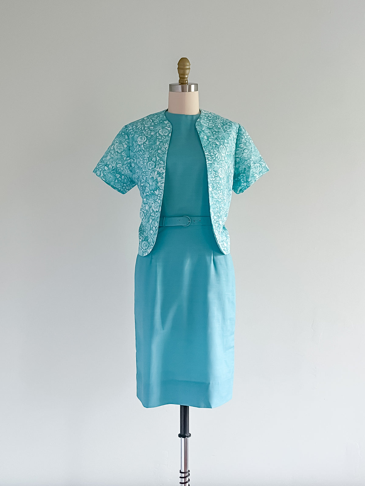 Shades of Turquoise 1960's Silk Wiggle Dress with Floral Printed