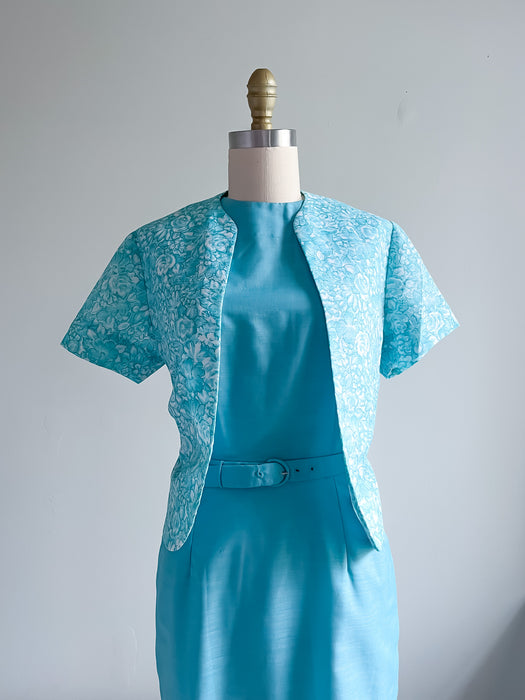 Shades of Turquoise 1960's Silk Wiggle Dress with Floral Printed Cover-up  / Sz XS
