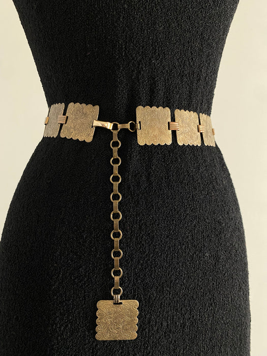 Brass Floral Engraved Square Bohemian Chain Belt / Small
