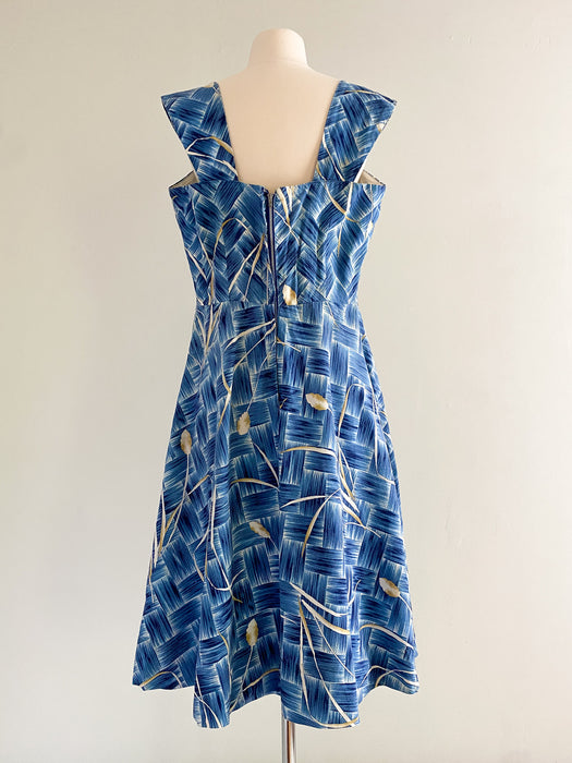 1950's Blue Hawaiian Wheat Print Cotton Dress with Cropped Jacket / Sz L