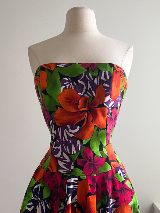1980's AJ Bari Tropical Floral Print Cotton Party Dress / Sz S