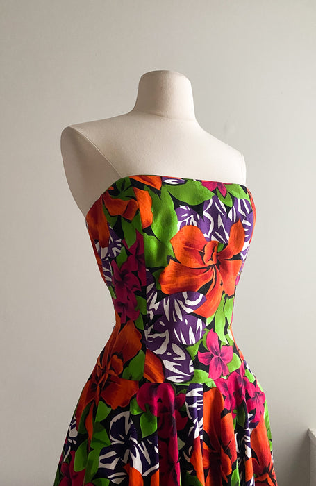 1980's AJ Bari Tropical Floral Print Cotton Party Dress / Sz S