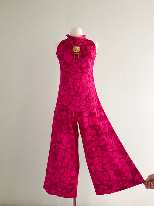 1960's Hot Pink Tropical Jumpsuit From Tahiti / Petite Small