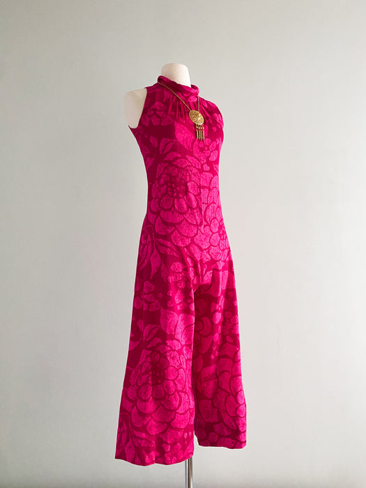 1960's Hot Pink Tropical Jumpsuit From Tahiti / Petite Small