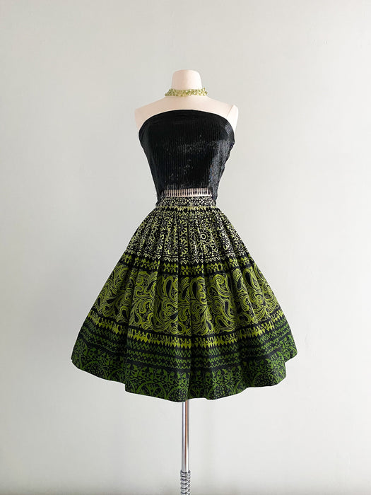 1950's Green Hawaiian Print Cotton Skirt / Sz S