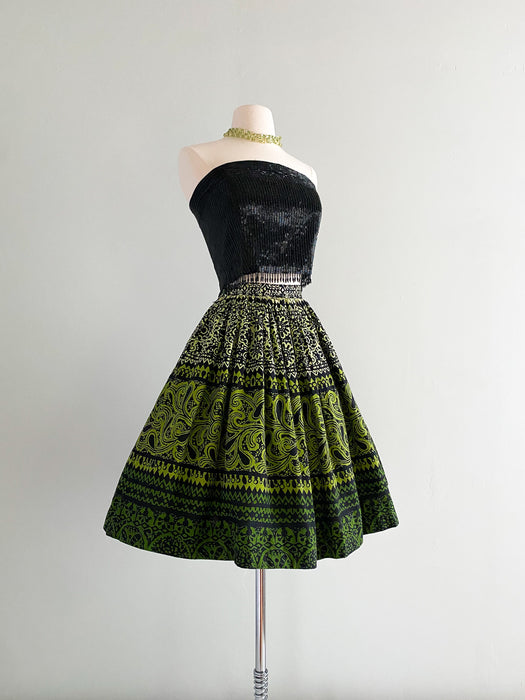 1950's Green Hawaiian Print Cotton Skirt / Sz S