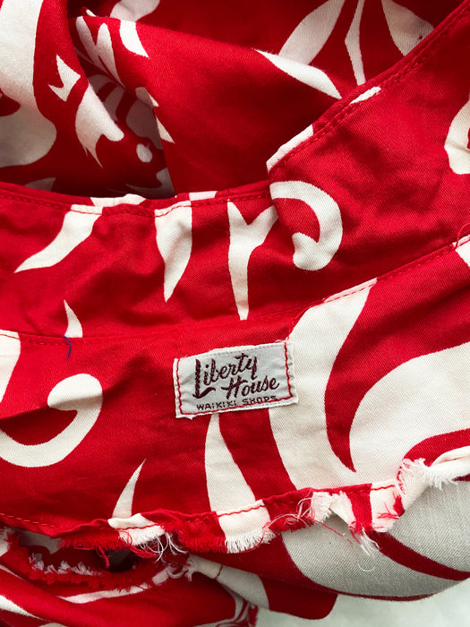 1950's Red Liberty House Hawaiian Print Cotton Shirt Swim Cover Up / Sz L