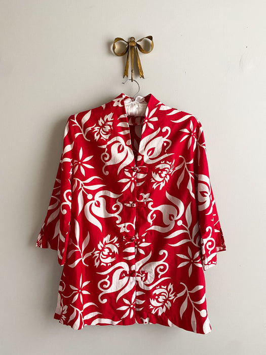 1950's Red Liberty House Hawaiian Print Cotton Shirt Swim Cover Up / Sz L