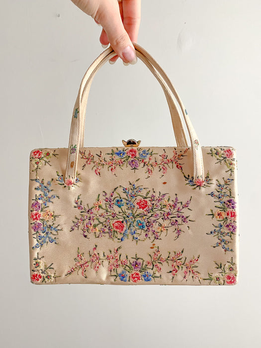1950's Hand Painted Floral Toile Style Print Handbag