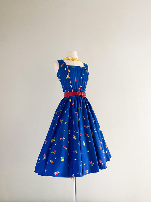 1980's Blue Sabino Floral Print Dress  / W 30"