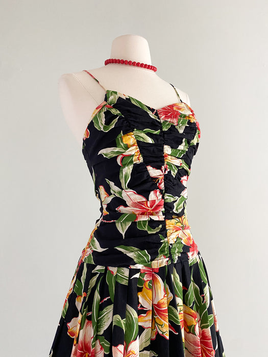 1980's Sue Wong Hawaiian Hibiscus Cotton Party Dress / Sz M