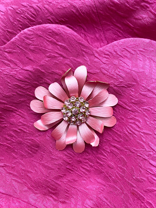 Bubble Gum Pink 1960's Rhinestone Flower Brooch