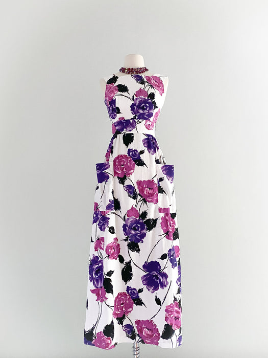 1960's Purple Rose Floral Cotton Maxi Dress / Sz XS