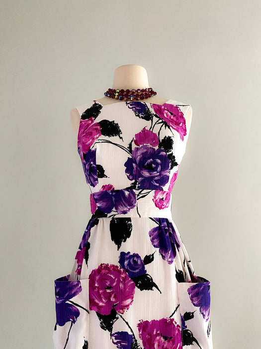 1960's Purple Rose Floral Cotton Maxi Dress / Sz XS
