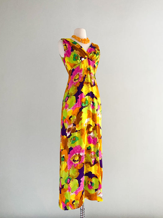 1960's Hilo Hattie Acid Floral Maxi Dress / Sz S/M