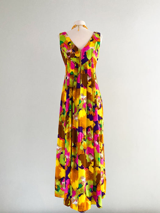 1960's Hilo Hattie Acid Floral Maxi Dress / Sz S/M
