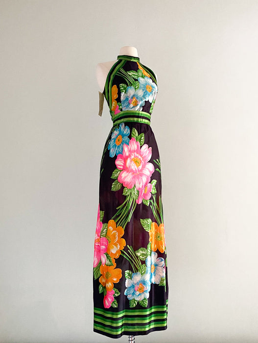 Fabulous Toni Todd 1970's Floral Maxi Dress With Original Tags / W 27"