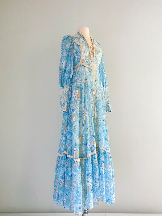 Blue Paisley Regency Style Cotton Maxi Dress / Sz S Xtabay Vintage Blue Paisley Regency Style Cotton Maxi Dress / Sz S Xtabay Vintage