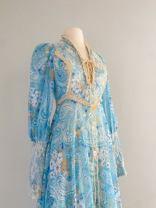 Blue Paisley Regency Style Cotton Maxi Dress / Sz S