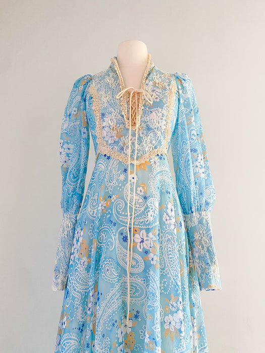 Blue Paisley Regency Style Cotton Maxi Dress / Sz S
