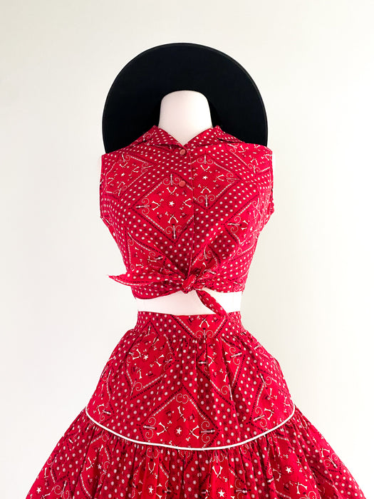 1950's Red Bandana Print Srader Sportswear Cowgirl Cherry Red Two Piece Set / Sz S